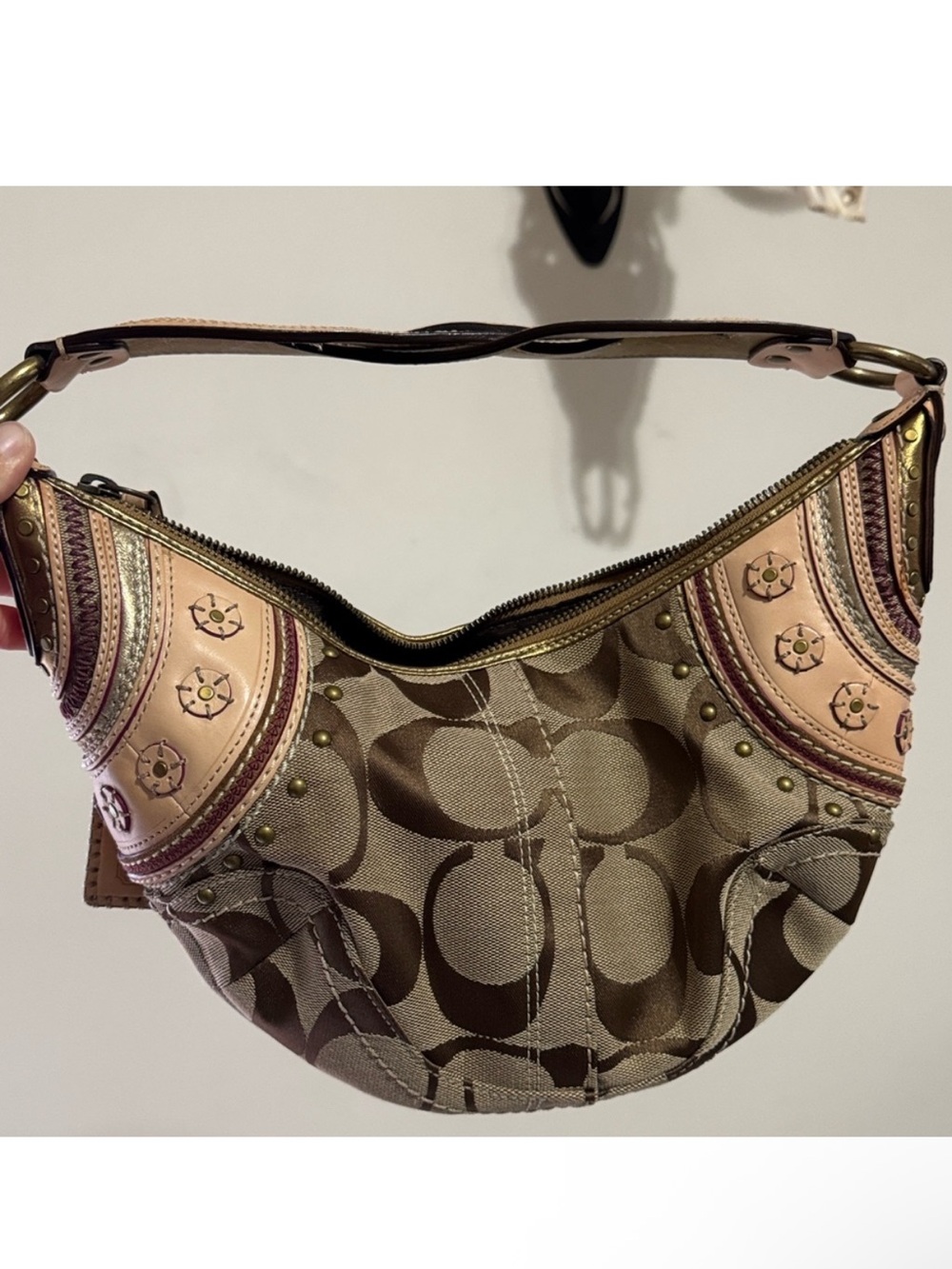 Coach Signature Canvas Shoulder Bag with Pink Leather Accents